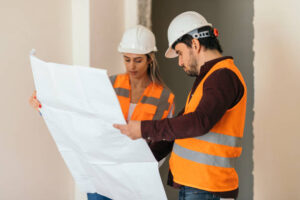 Two remodeling contractors near Encino in hard hats examining a blueprint at a construction site, discussing plans and details.
