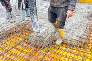 A man stands on a concrete foundation slab, highlighting the starting point of a construction project built on a strong, reliable base.