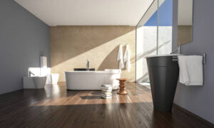 A modern bathroom featuring a spacious tub and a large window, showcasing custom remodeling design elements.