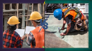 General Contractor vs. Handyman, with one wearing a blue helmet, illustrating teamwork in building projects.