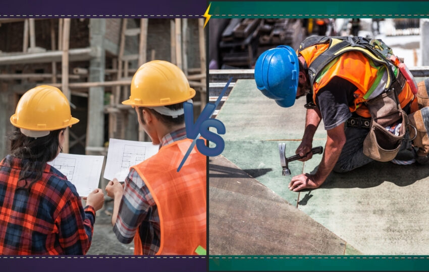 General Contractor vs. Handyman, with one wearing a blue helmet, illustrating teamwork in building projects.